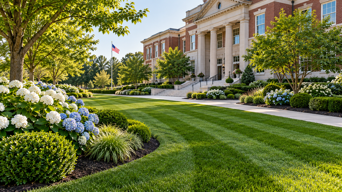 Civic building with striped lawns, hydrangeas and maintained grounds
